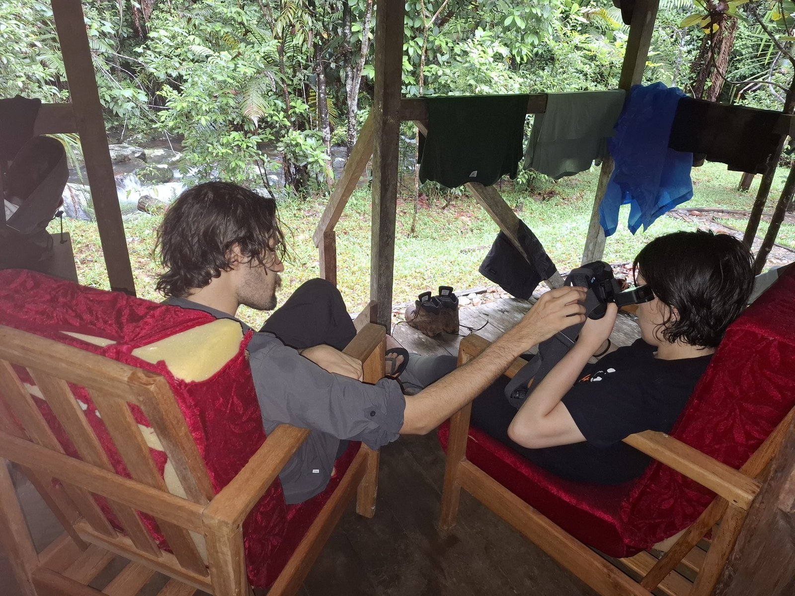 Team resting at the ecolodge, gear drying nearby